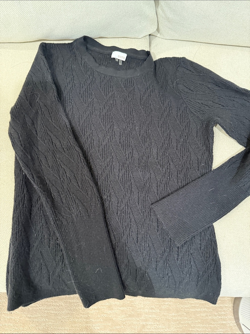 Ecru Black Cable-Texture Crewneck Sweater